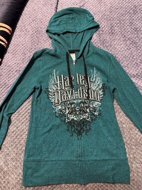 Harley-Davidson Teal and Black Zip Hoodie with Logo Tag